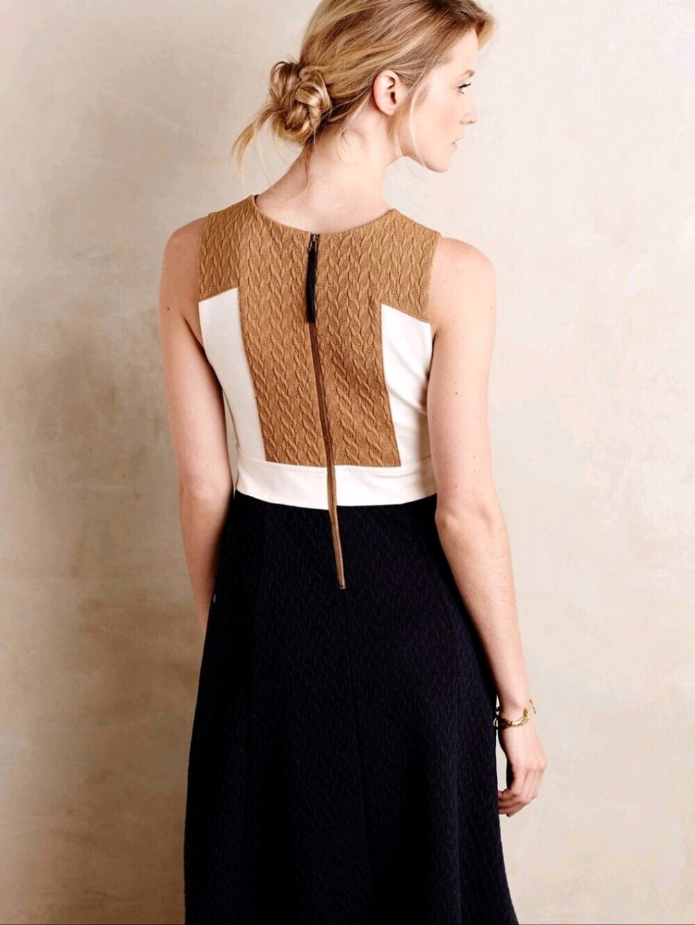 Maeve Dress Midi Cable Knit Sleeveless Zip Color Block Cream Tan Pockets Size 0 - Picture 2 of 9